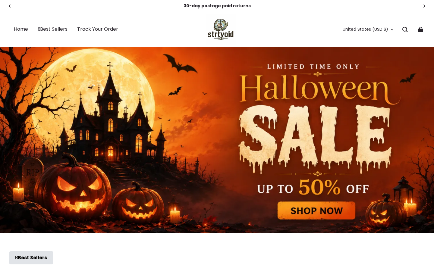 Strtvoid homepage showing Halloween sale promotion and a 30-day postage-paid returns banner