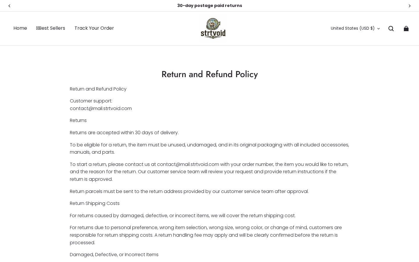 Strtvoid return policy view with 30-day window, approval process, and buyer-paid preference return shipping