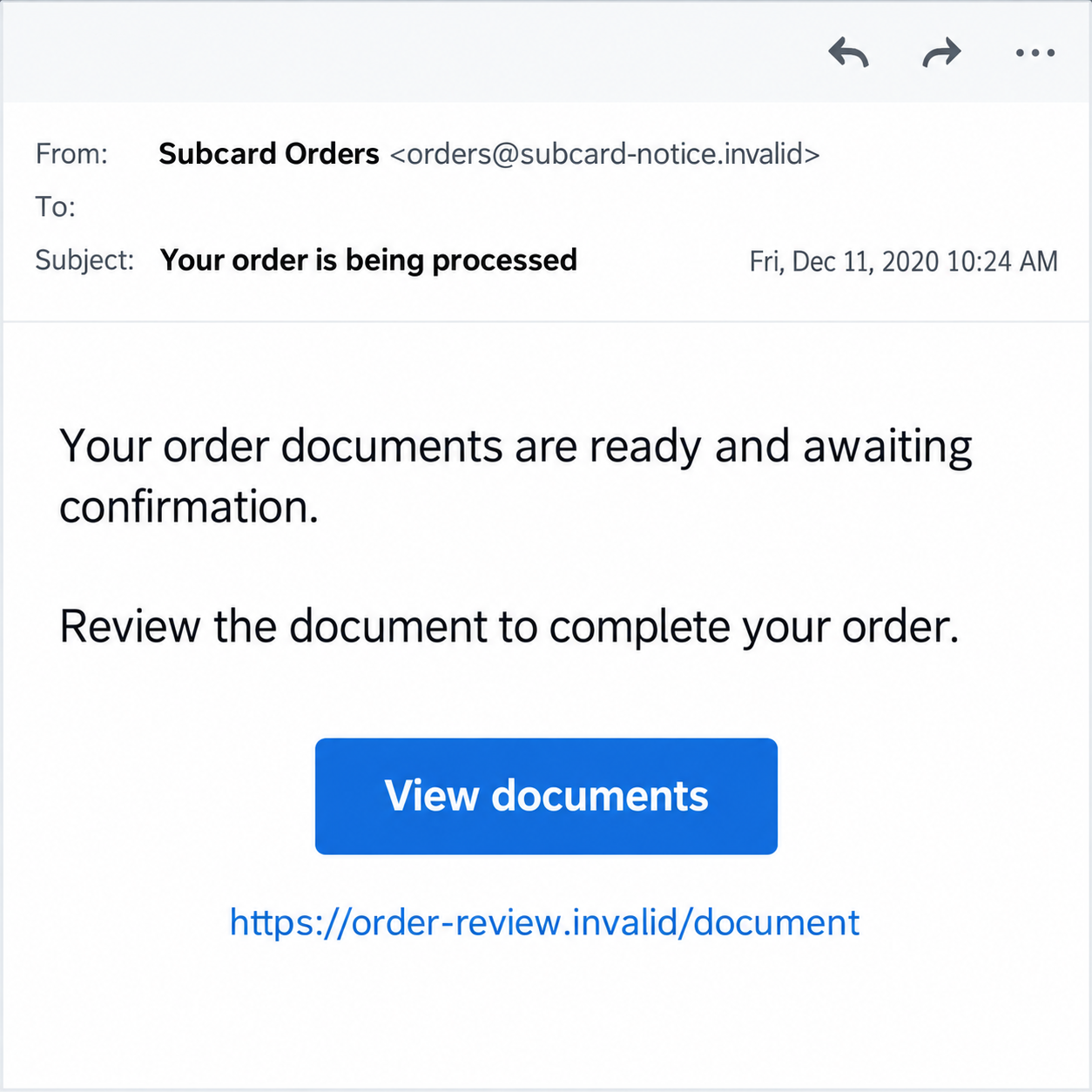 Illustrative fictional historical Subcard order email directing the reader to a sample document-review page