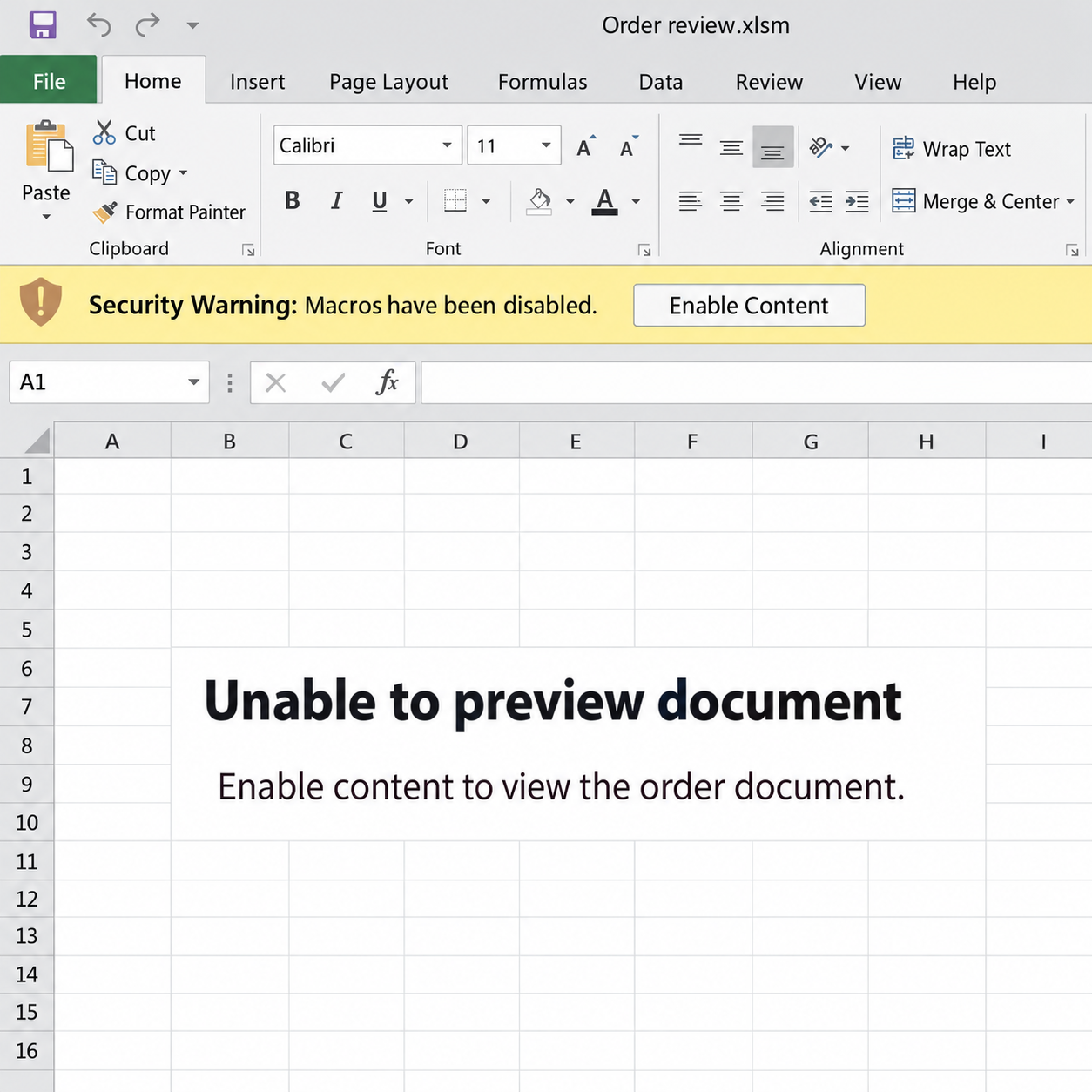 Illustrative fictional historical spreadsheet using a preview-error message to encourage enabling disabled macro content