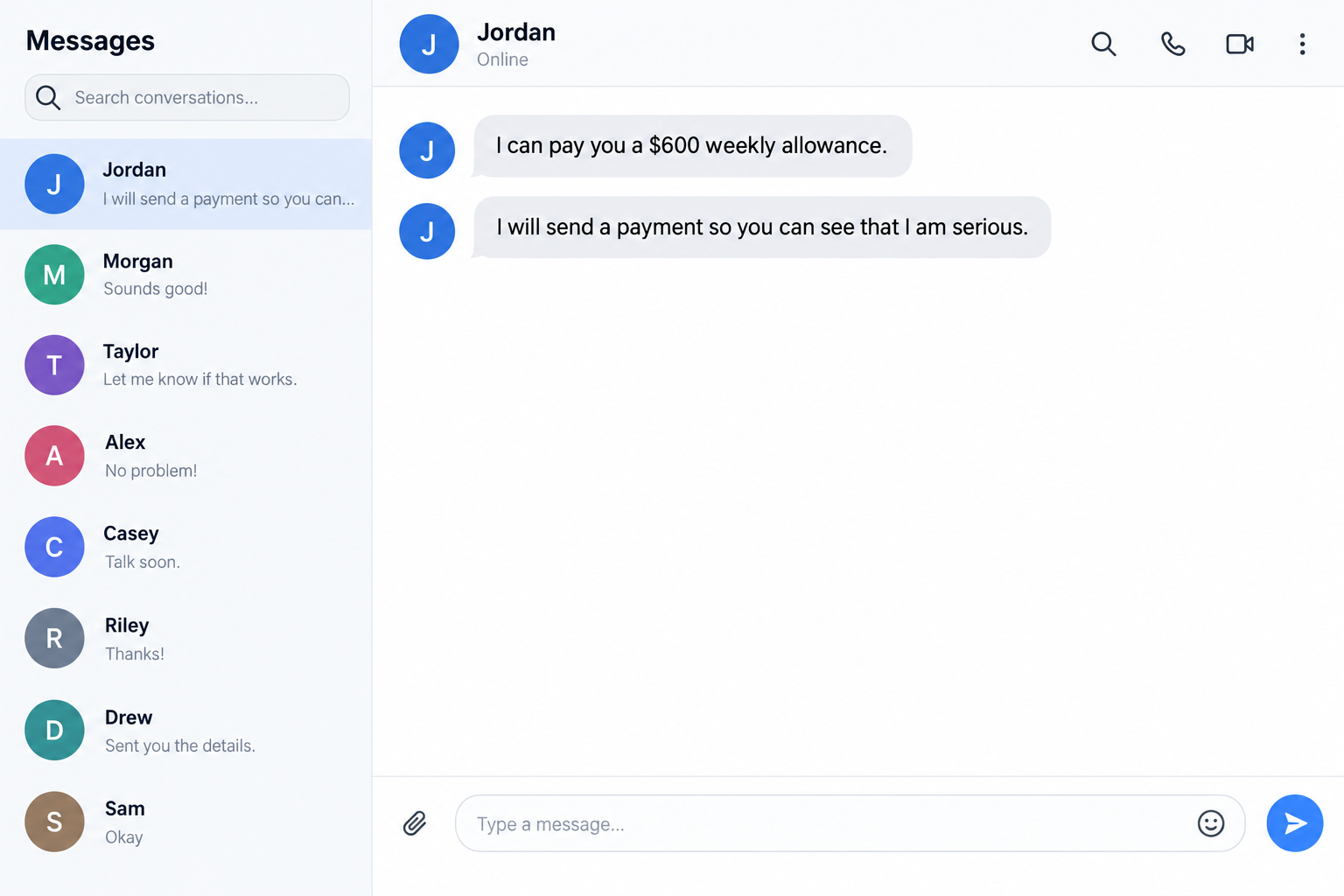 Sugar Daddy Scam: Fake Allowances and Checks That Take Your Real Money 1 Illustrative fictional private conversation offering a sample weekly allowance and promising an initial payment