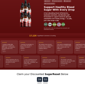 A SugarReset-branded page displaying dropper bottles and its own ingredient presentation