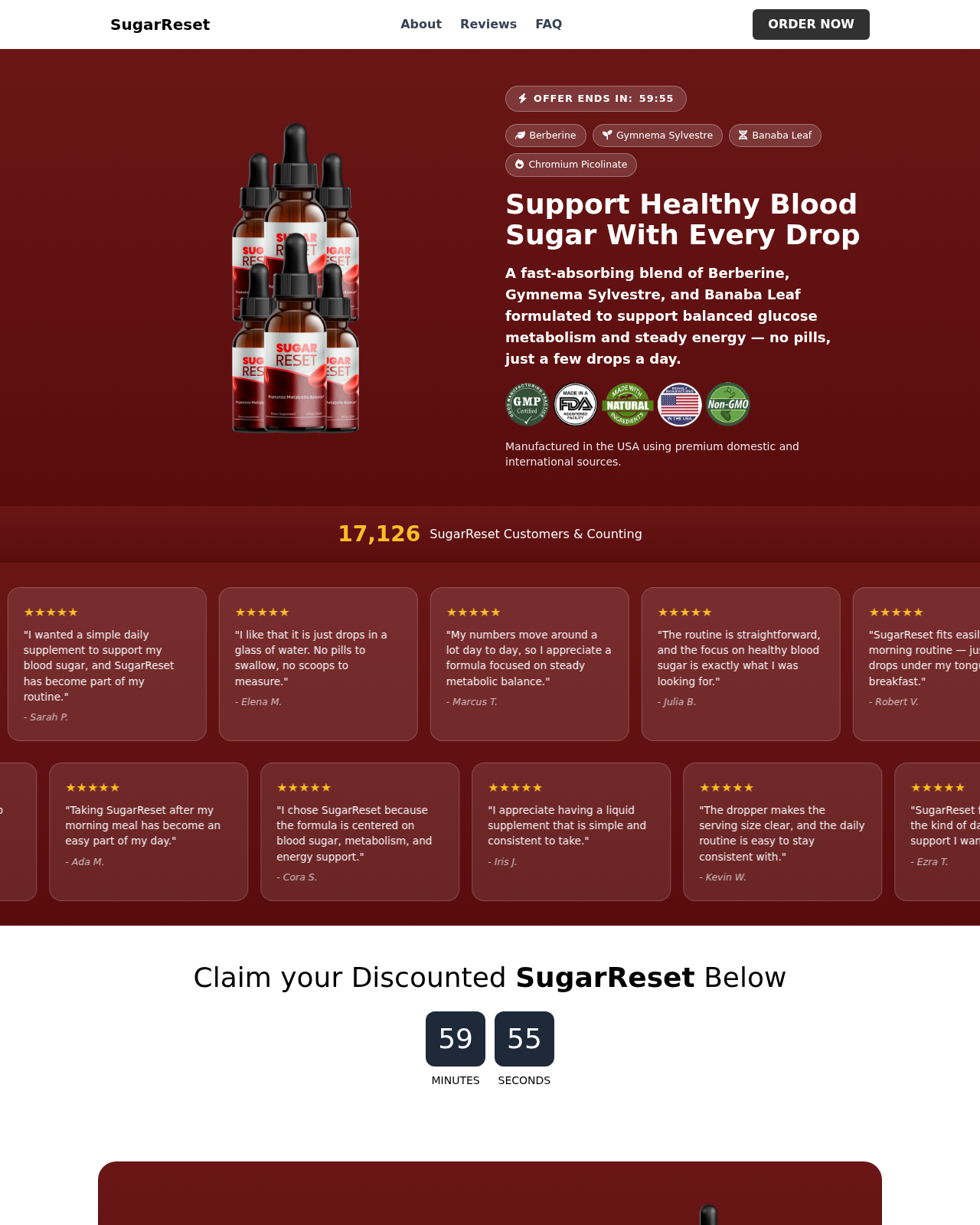 SugarReset EXPOSED: Sugar Defender Redirect and Discounted-Order Returns 1 A SugarReset-branded page displaying dropper bottles and its own ingredient presentation