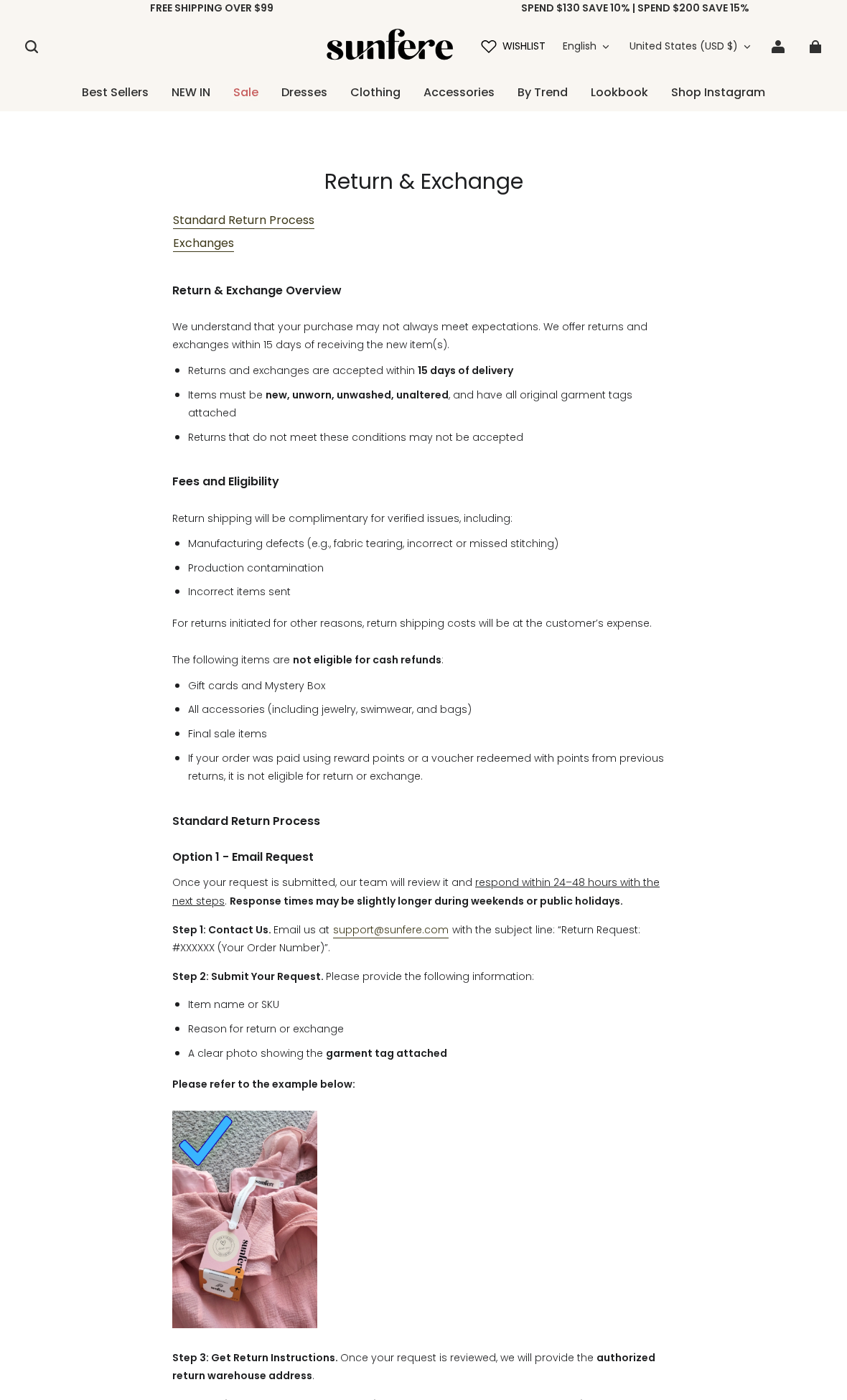 Sunfere Review: Return Limits, Store Credit and Refund Risks Investigated 1 Sunfere return page showing its 15-day deadline and cash-refund exclusions