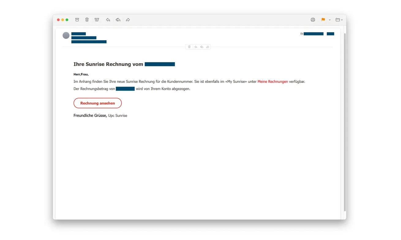 Sunrise Invoice Phishing Scam: A Fake Login Page Even Warns About Phishing 1 Original fraudulent Sunrise invoice email published by police, showing the view-invoice button and retained privacy redactions