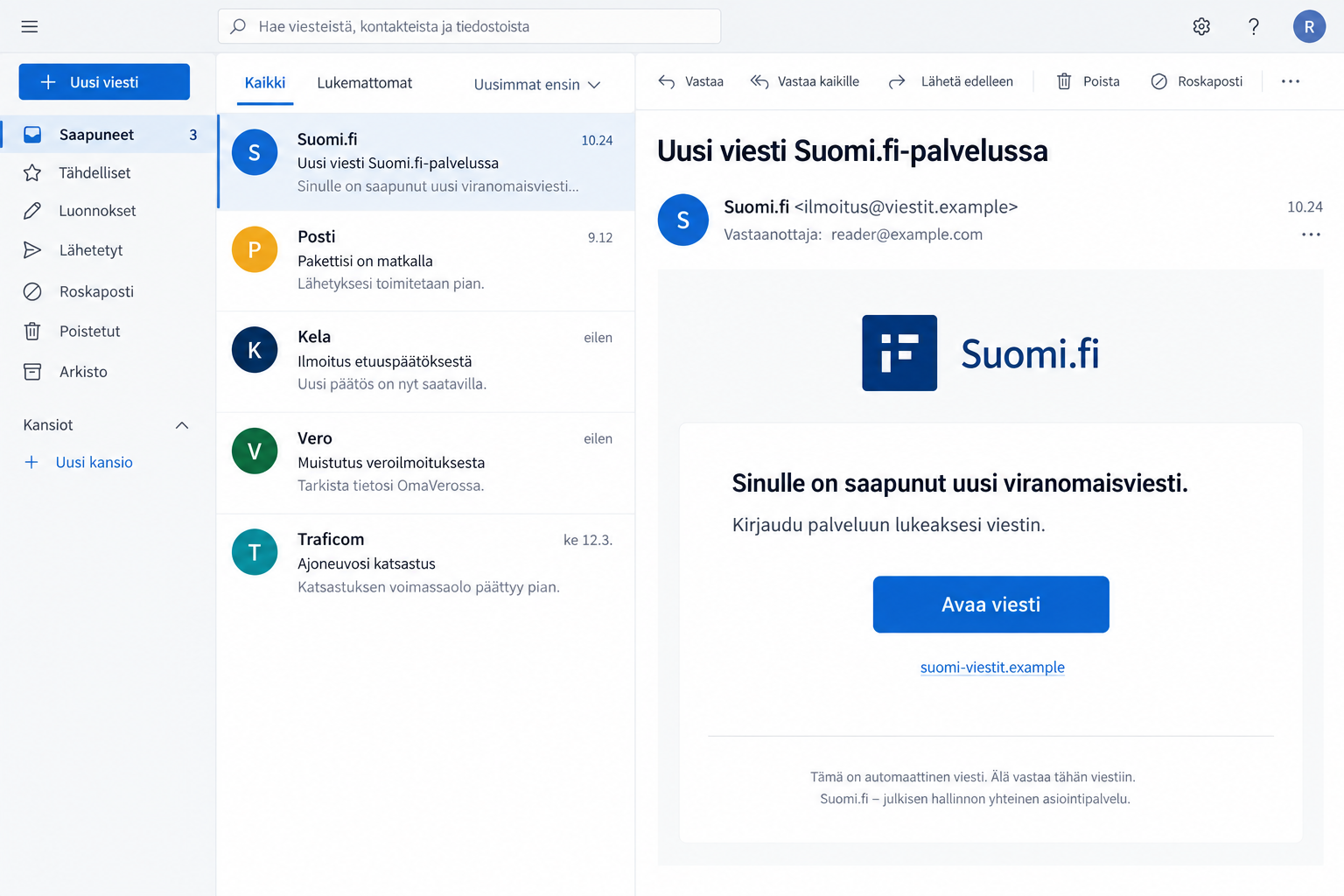 Illustration of a Suomi.fi impersonation email with a message-reading button and fictional sender address