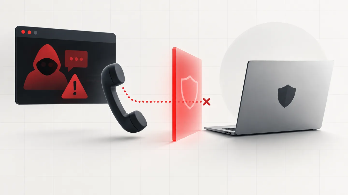Conceptual illustration of a threatening support popup and phone request blocked outside a protected computer