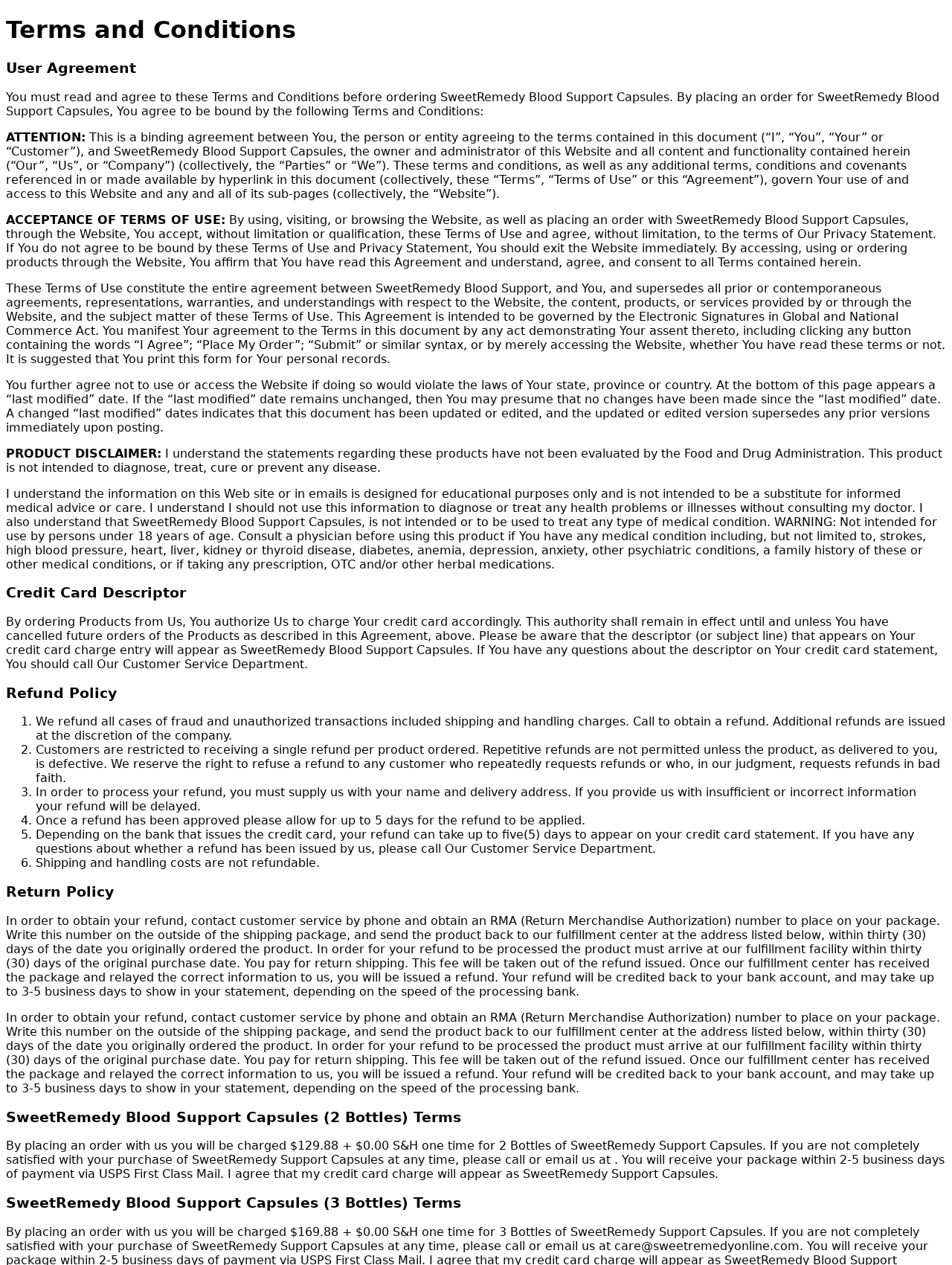 Sweet Remedy Blood Support EXPOSED - Scam or Legit? Full Investigation 2 SweetRemedy policy page describing billing, refunds and return conditions