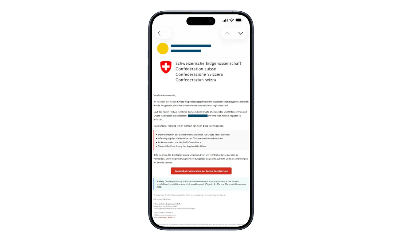 Swiss Crypto Registration Email Scam: The Fake Rule Harvesting Your Data 1 Fake Swiss crypto registration email claiming new rules and threatening penalties for failing to register