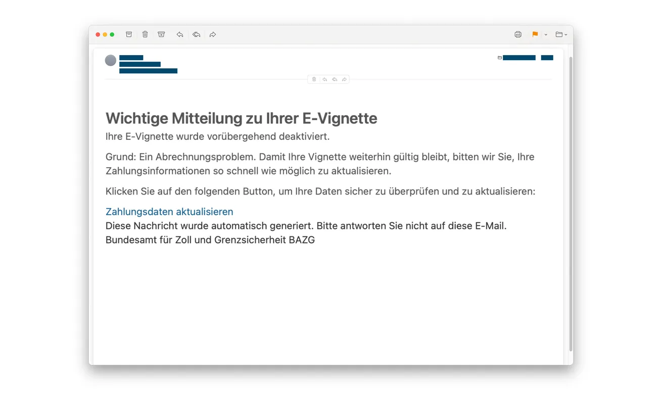 Swiss E-Vignette Email Scam: The Deactivation Notice That Makes You Pay 1 Fraudulent Swiss e-vignette email claiming a billing problem and directing the driver to update payment