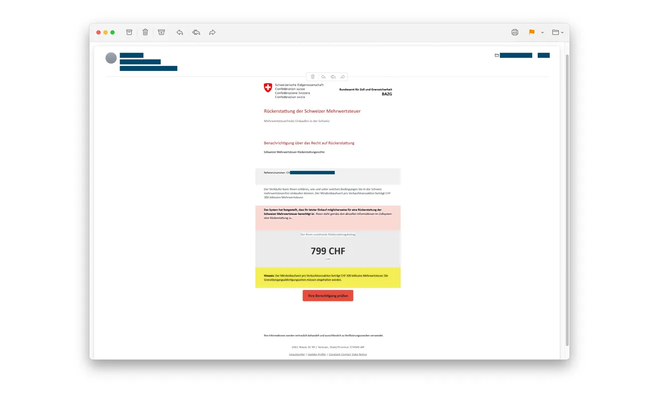 Fake Swiss customs VAT refund email displaying federal branding and a claimed CHF799 reimbursement