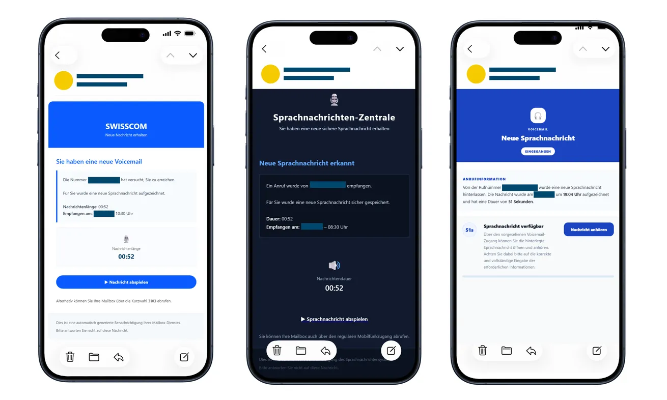 Police-published examples of fraudulent Swisscom and generic voicemail emails with play buttons, durations, and identifying details redacted