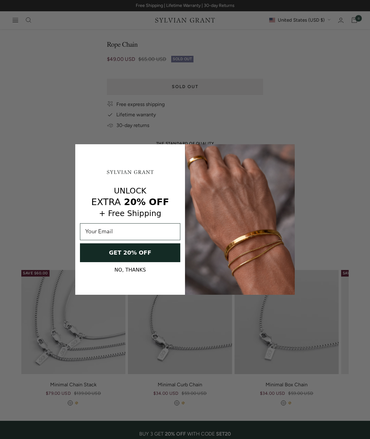 Sylvian Grant Rope Chain page with its price, sold-out status, warranty messaging and promotional sign-up offer