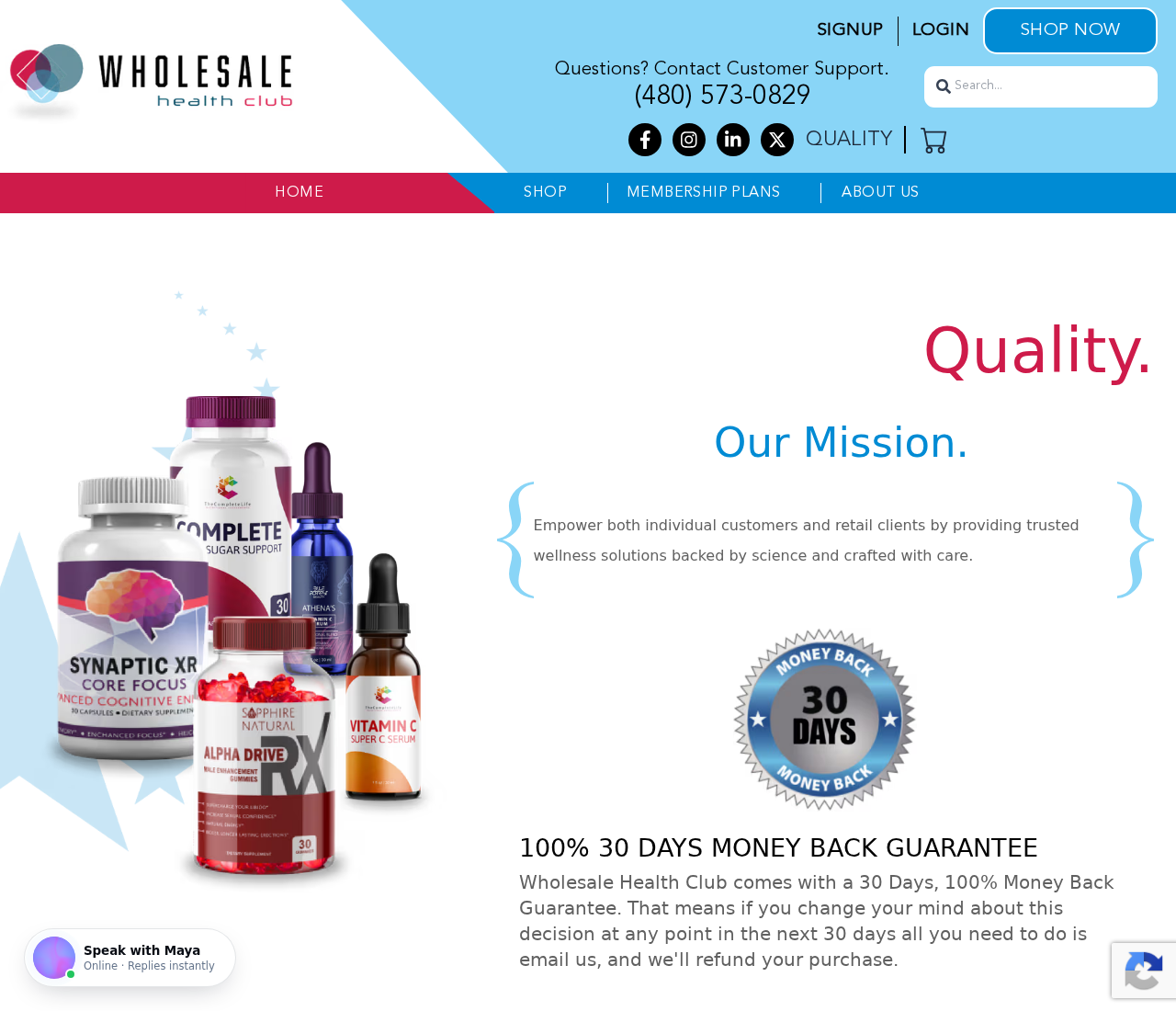 Wholesale Health Club quality page showing Synaptic XR Core Focus and a 30-day guarantee