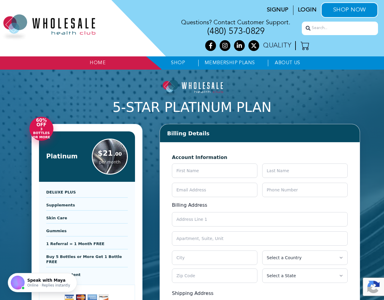 Wholesale Health Club Platinum membership page displaying $21 per month