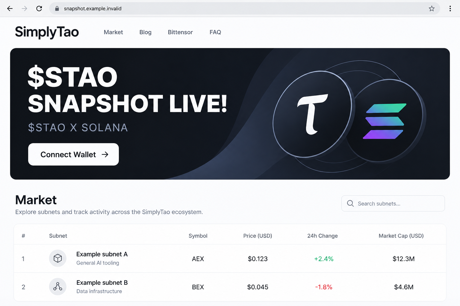 Fake SimplyTao Snapshot Scam: The $STAO Wallet Connection Trap Explained 1 Illustrative SimplyTao-style page advertising a $STAO snapshot with a Connect Wallet button and fictional market rows