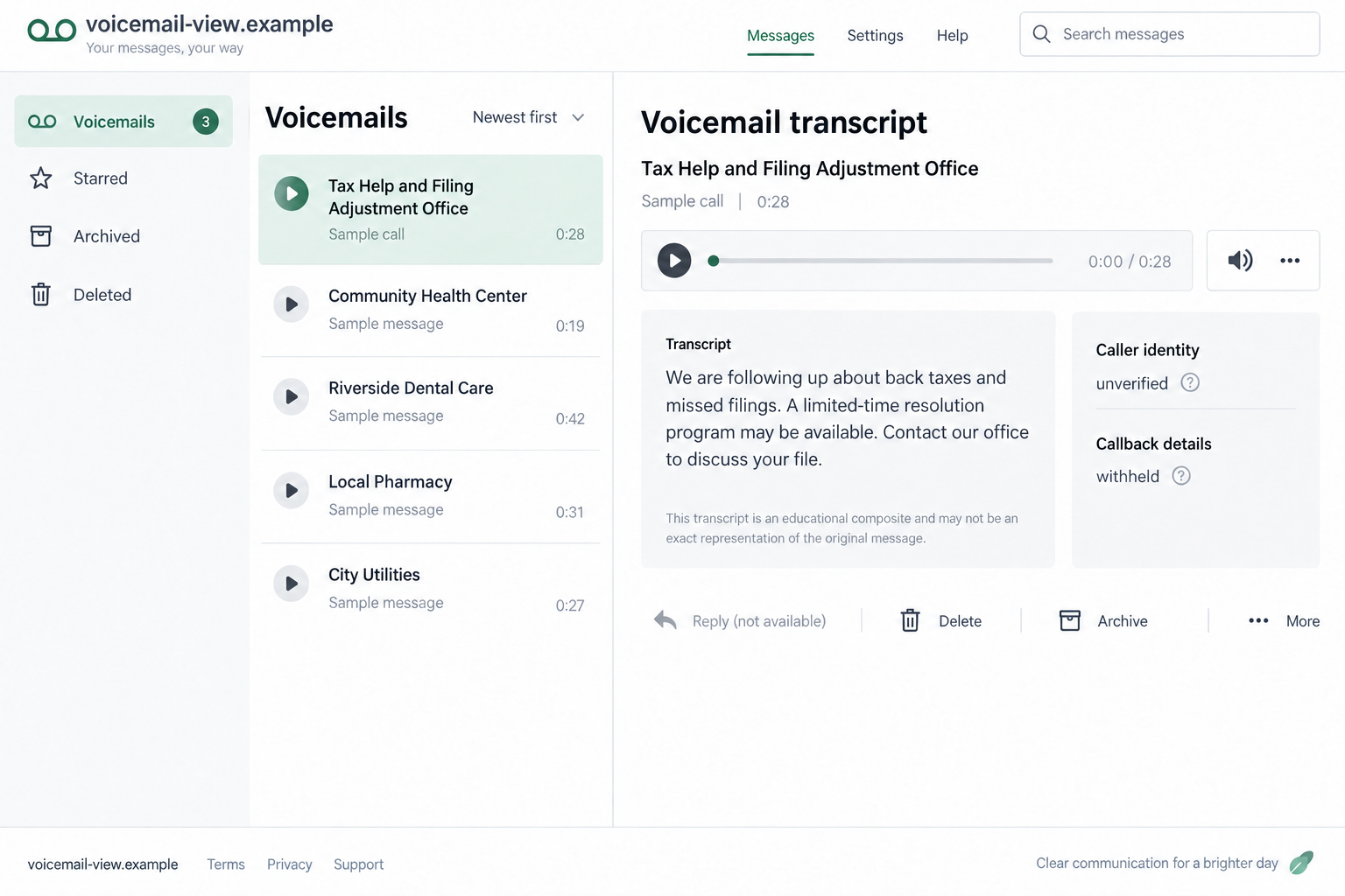Tax Help and Filing Adjustment Office Scam Calls: The Fake Tax Relief Trap 1 Illustrative composite tax relief voicemail screen with an unverified caller label and sample message dates