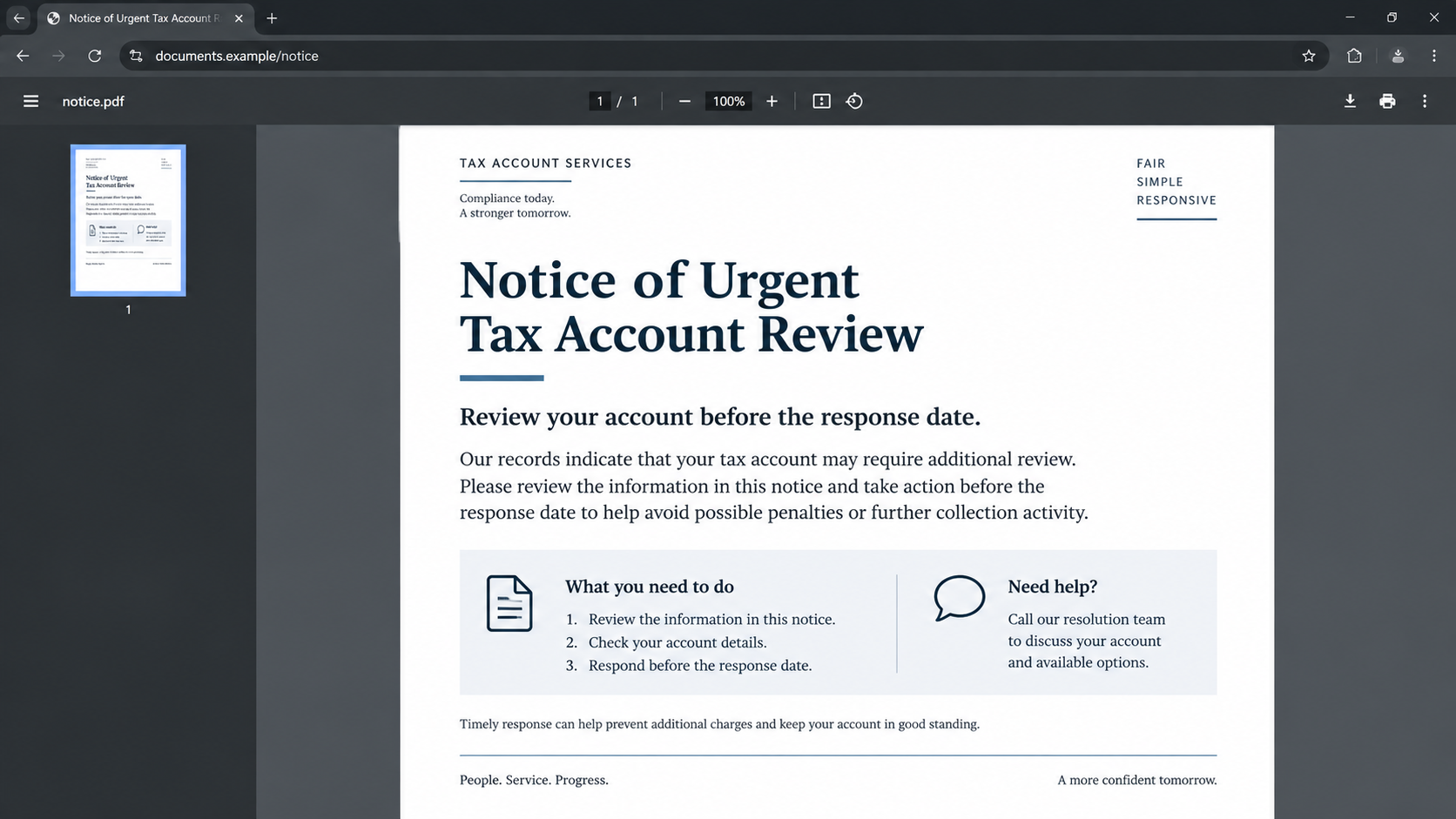 Fake Tax Seizure Letter Scam Exposed: Government Threats and Relief Fees 1 Illustrative government-looking tax debt notice in a fictional PDF viewer