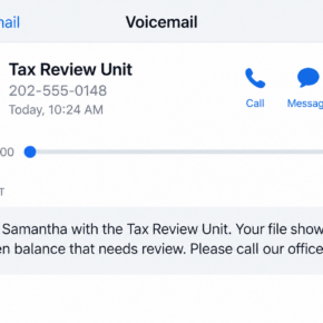 Illustrative reconstruction of a Tax Review Unit voicemail transcript, not a captured call