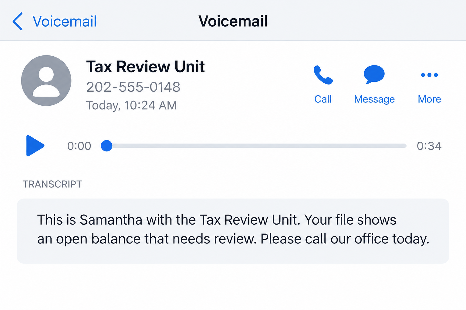 Tax Review Unit Scam Calls: What the Voicemail Says and How to Check It 1 Illustrative reconstruction of a Tax Review Unit voicemail transcript, not a captured call