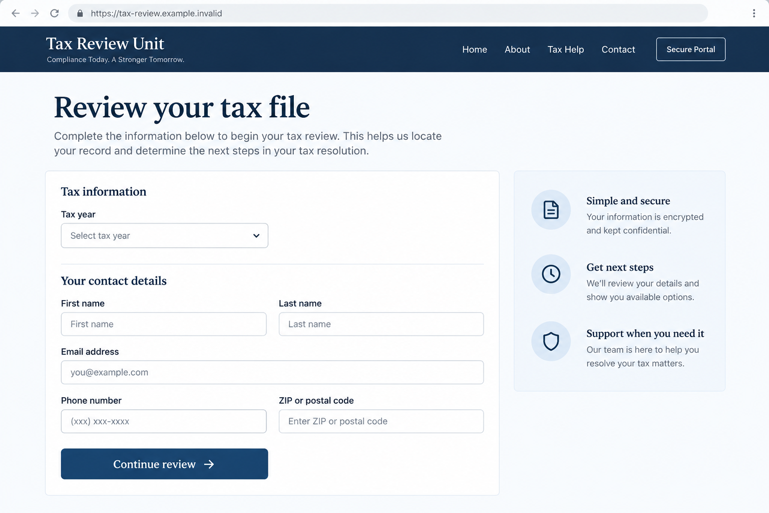Tax Review Unit Scam Calls: What the Voicemail Says and How to Check It 2 Illustrative fictional Tax Review Unit intake page showing the kind of personal details a tax-relief pitch may request