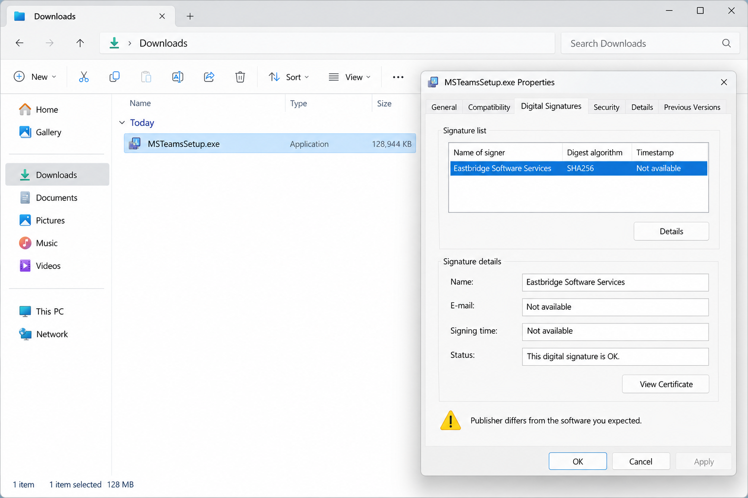 Fake Microsoft Teams Download Ads Can Install a Signed Malware Backdoor 2 Illustrative fictional downloaded Teams setup file with a digital signature from an unrelated publisher