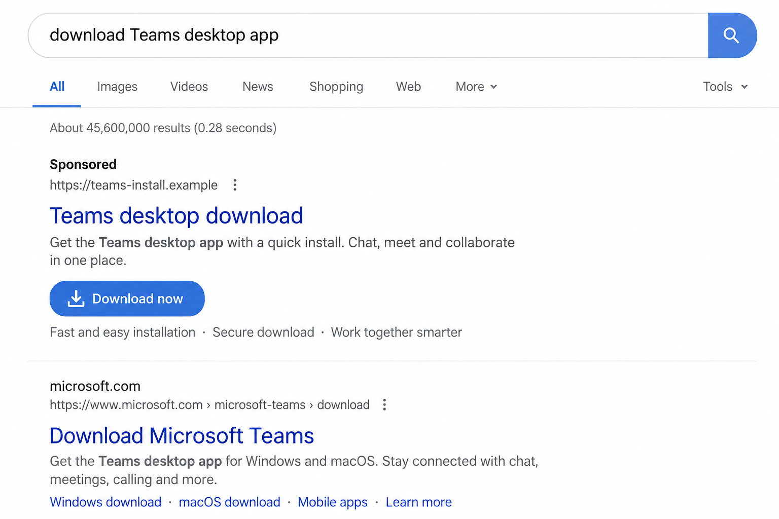 Fake Microsoft Teams Download Ads Can Install a Signed Malware Backdoor 1 Illustrative fictional sponsored search result offering a Teams desktop installer from an unrelated domain