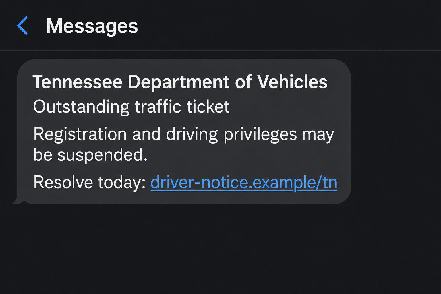 Fictional Tennessee Department of Vehicles scam message with a license threat and nonfunctional example address