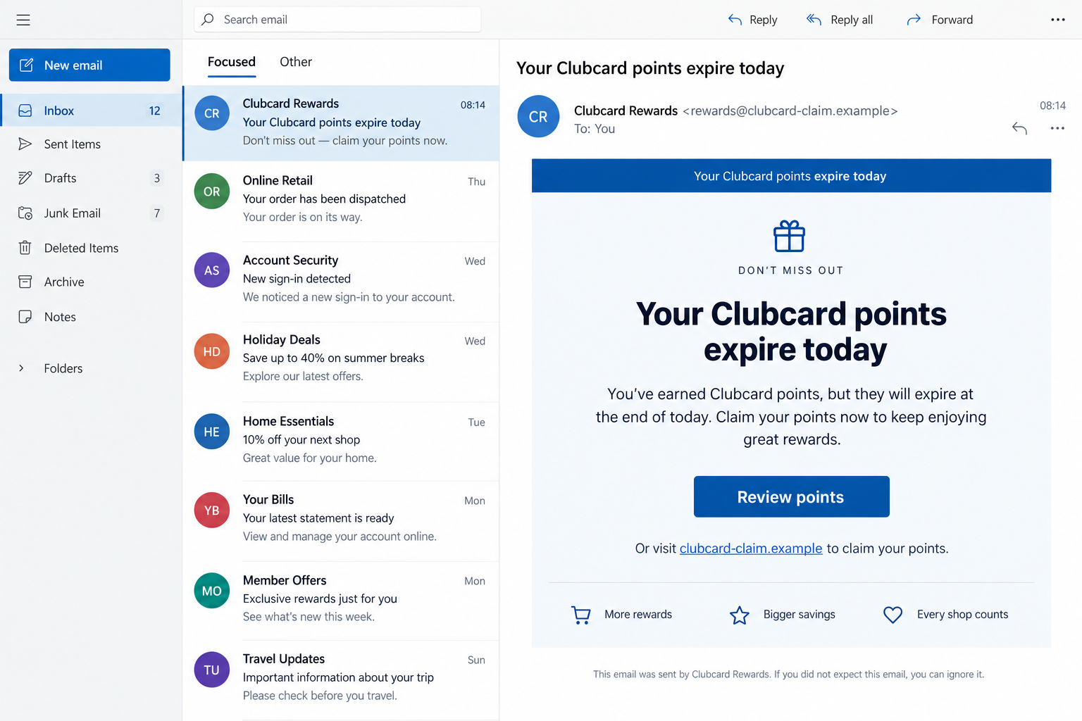 Tesco Clubcard Points Scam: Fake Expiry Emails and Stolen Voucher Risk 1 Fictional flat-screen Clubcard points expiry phishing email with a nonfunctional example link