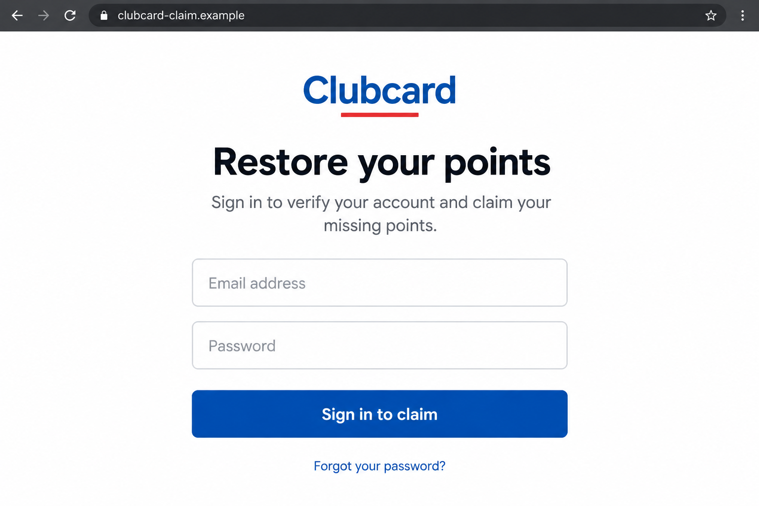 Tesco Clubcard Points Scam: Fake Expiry Emails and Stolen Voucher Risk 2 Fictional flat-screen Clubcard lookalike sign-in page at a nonfunctional example domain