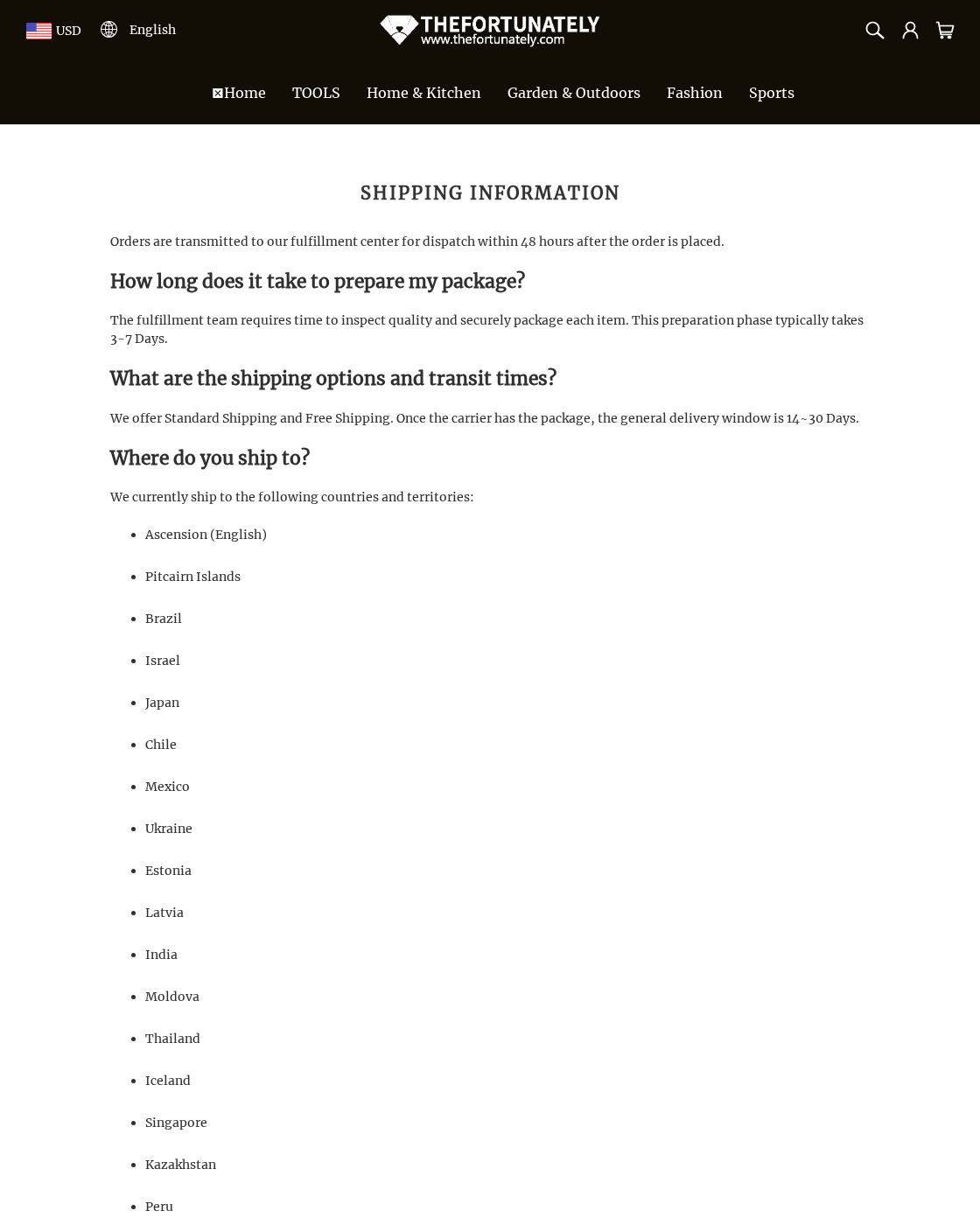 TheFortunately shipping policy showing the 48-hour statement, preparation period and transit estimates