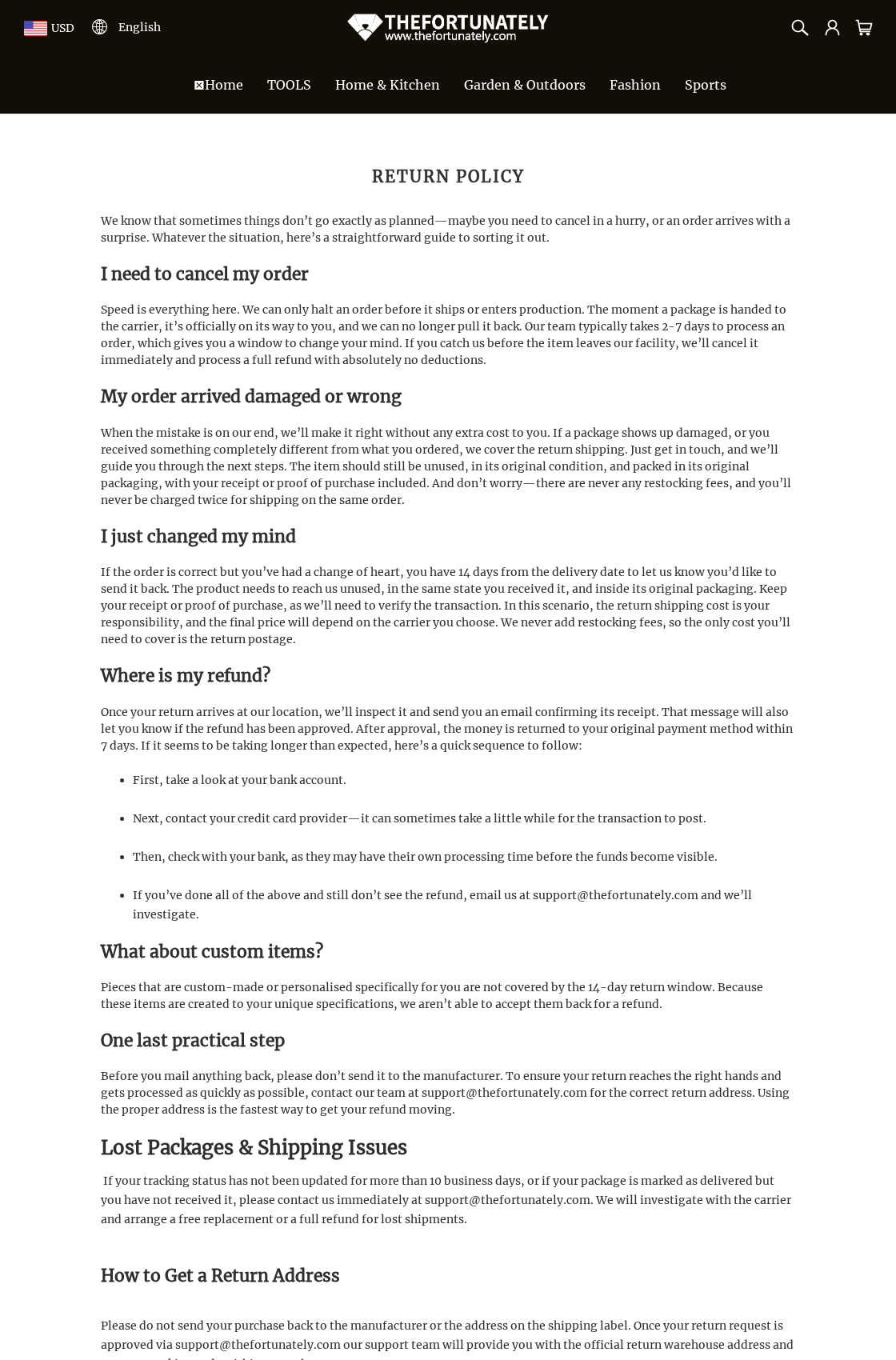 TheFortunately return policy covering cancellation, damaged items, buyer-paid postage and refund approval