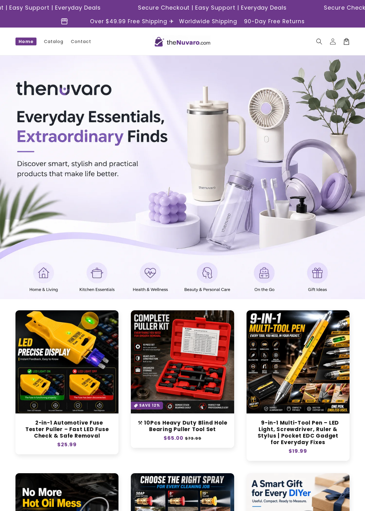 Thenuvaro storefront showing household products and a banner promising 90-day free returns