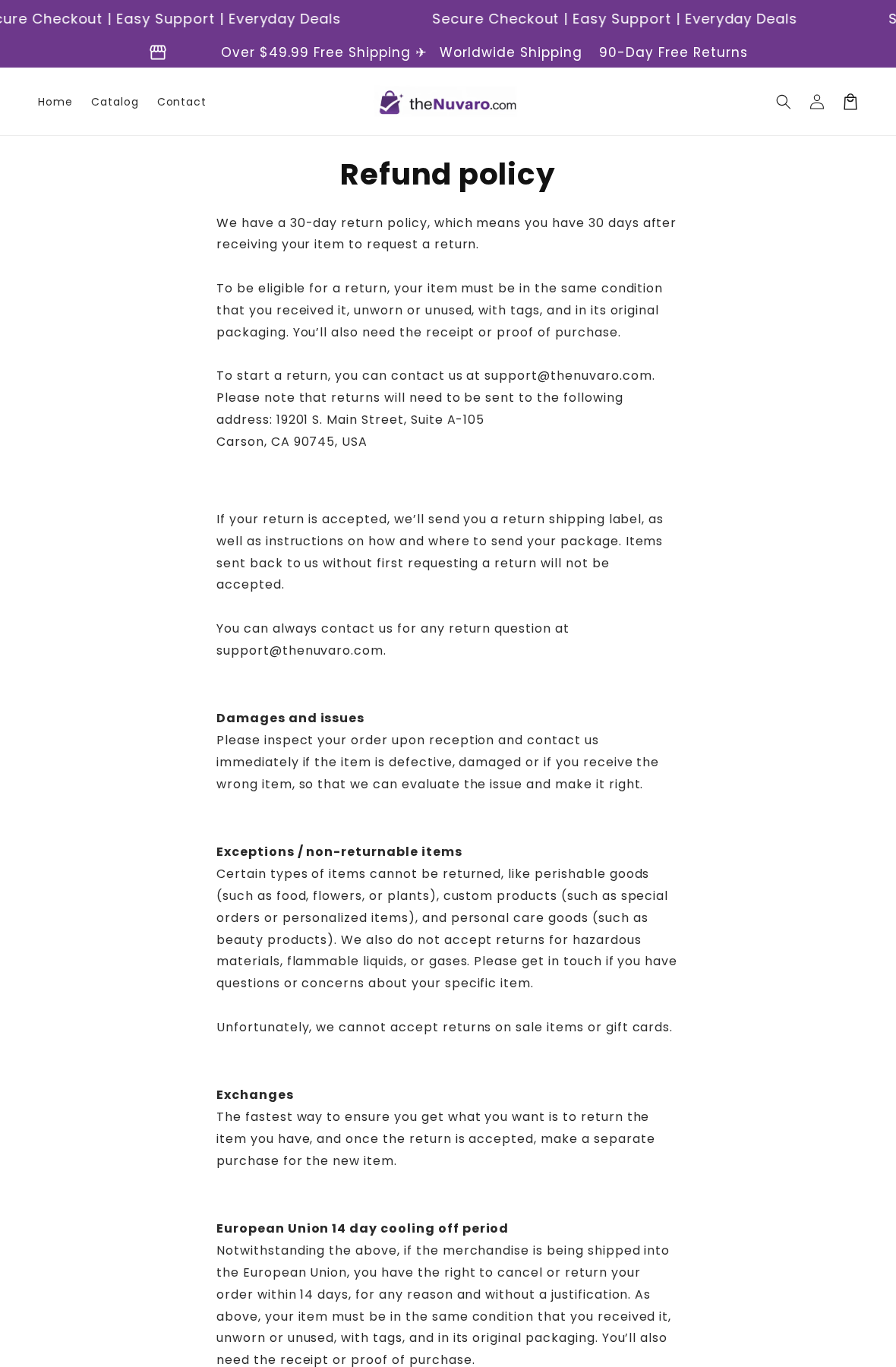 Thenuvaro refund page with a 30-day request window, unused-item conditions and sale-item exclusion