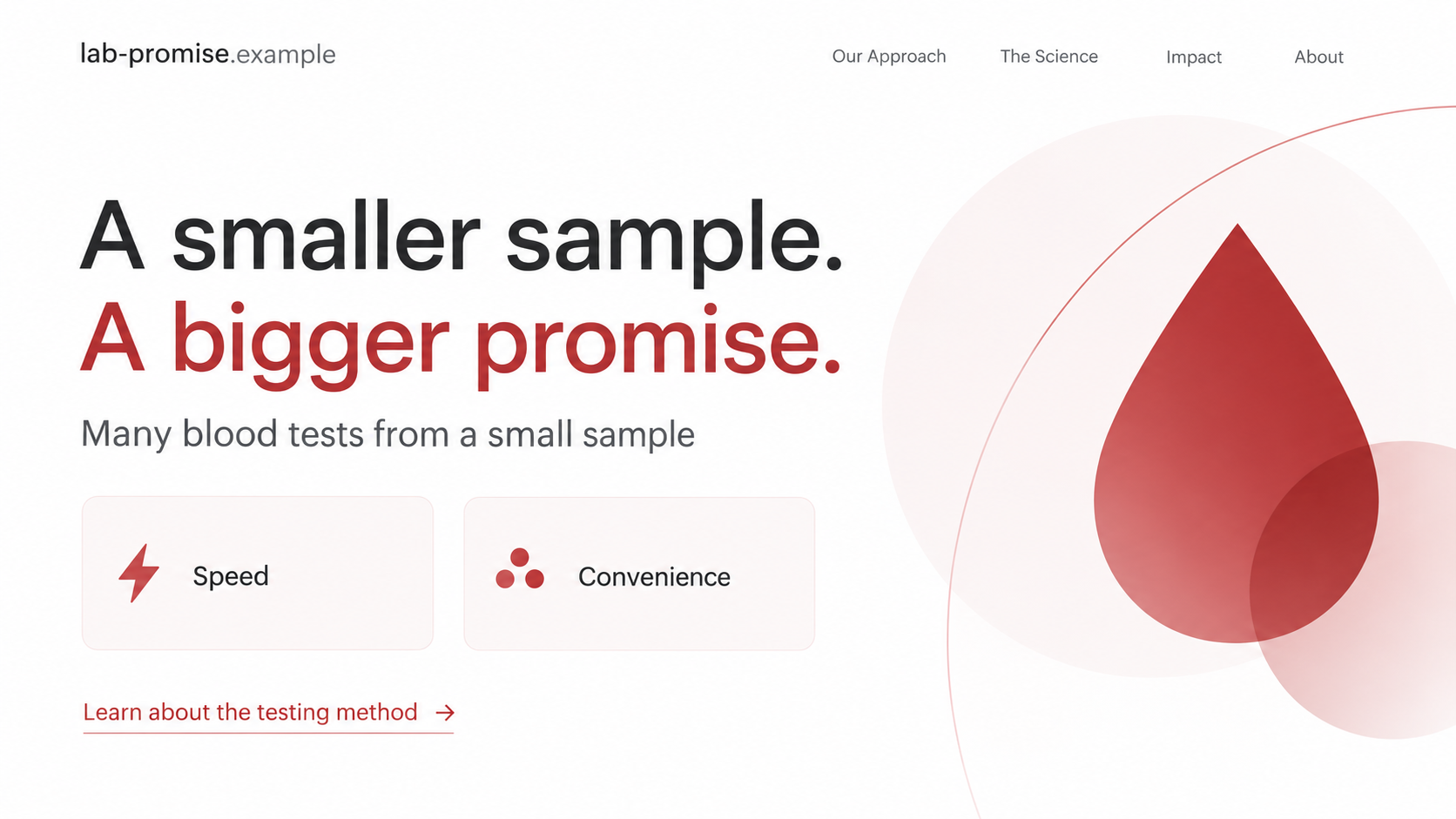 Illustrative screen showing the small-sample blood-testing marketing promise, not an authentic Theranos page or medical result