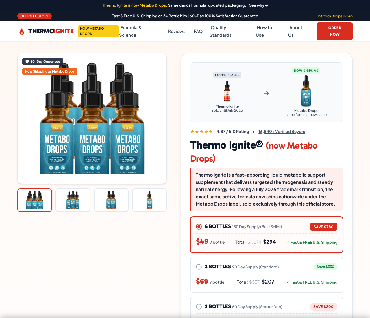 Thermo Ignite EXPOSED - Scam or Legit? Weight Loss Claims Investigated 1 Thermo Ignite sales page claiming a switch to MetaboDrops and displaying multibottle offers