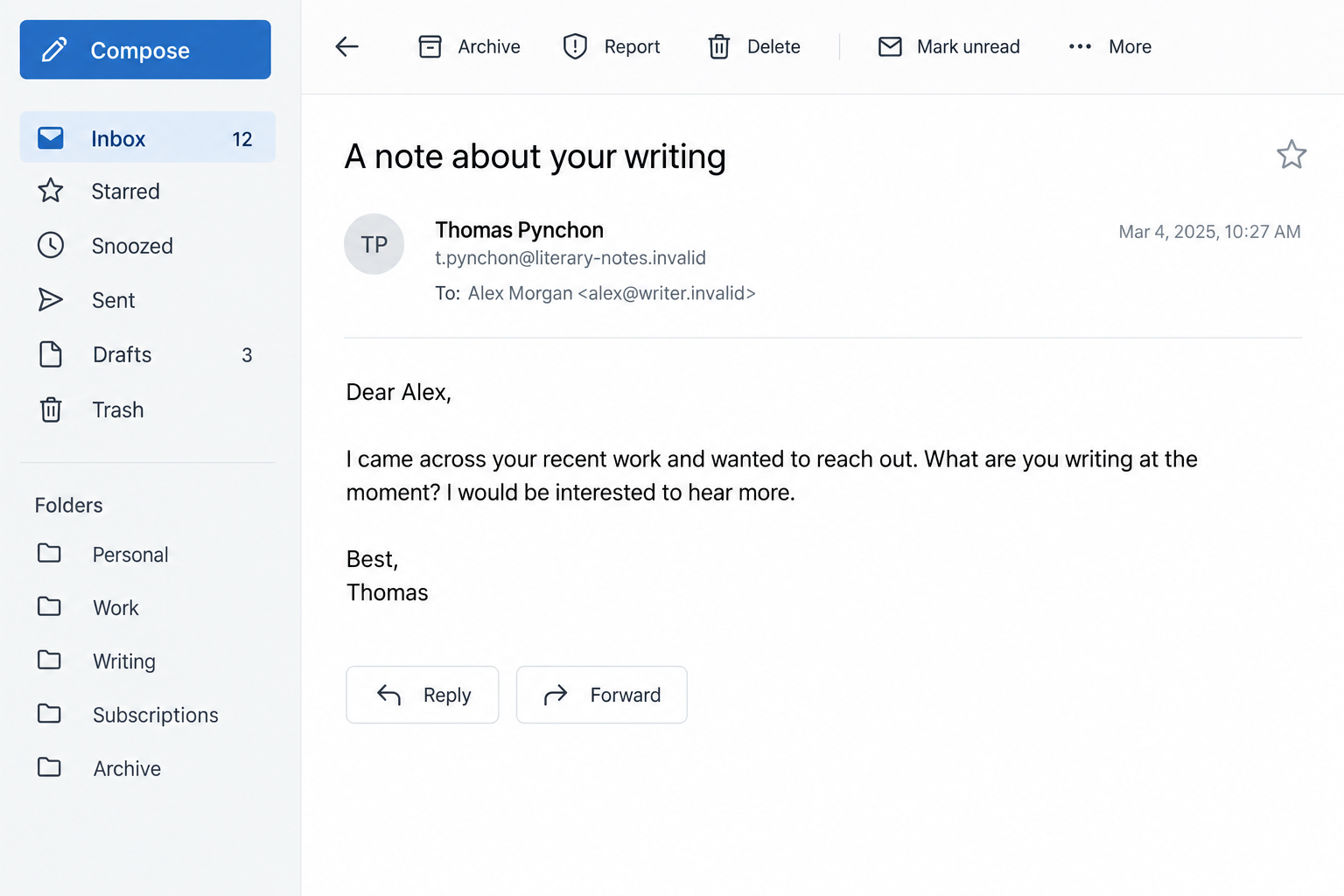 Thomas Pynchon Email Scam: The Fake Author Outreach Targeting New Writers 1 Illustrative email impersonating Thomas Pynchon and asking a writer about their current work