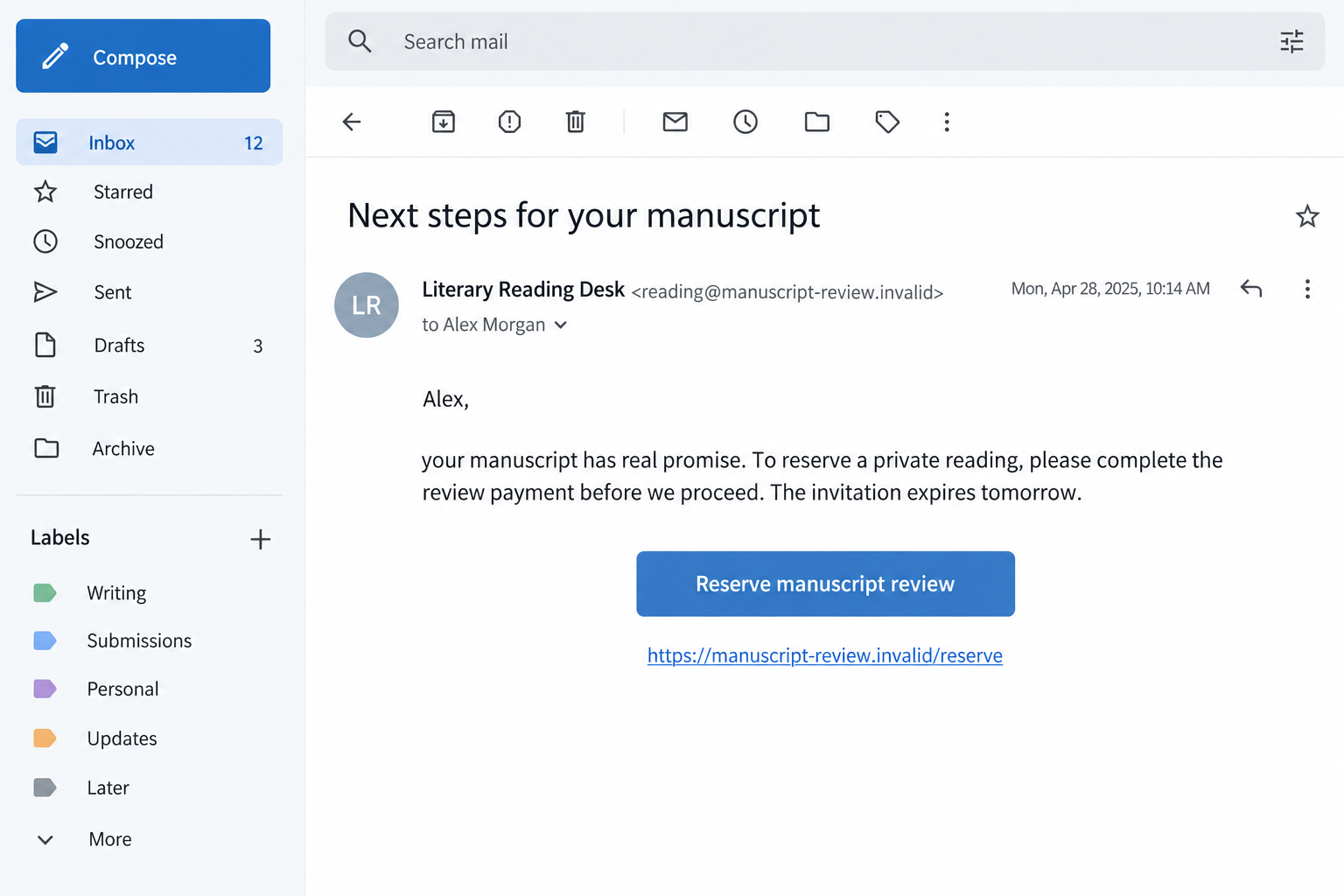 Thomas Pynchon Email Scam: The Fake Author Outreach Targeting New Writers 2 Illustrative follow-up email requesting payment to reserve a manuscript review after an author impersonation approach