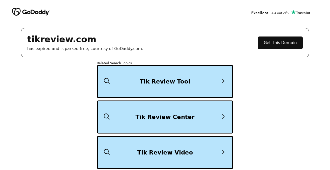 Current TikReview.com page showing an expired parked domain and related search links rather than a TikTok job application