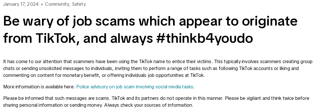 Official TikTok warning about unsolicited job offers and social-media tasks falsely using the TikTok name