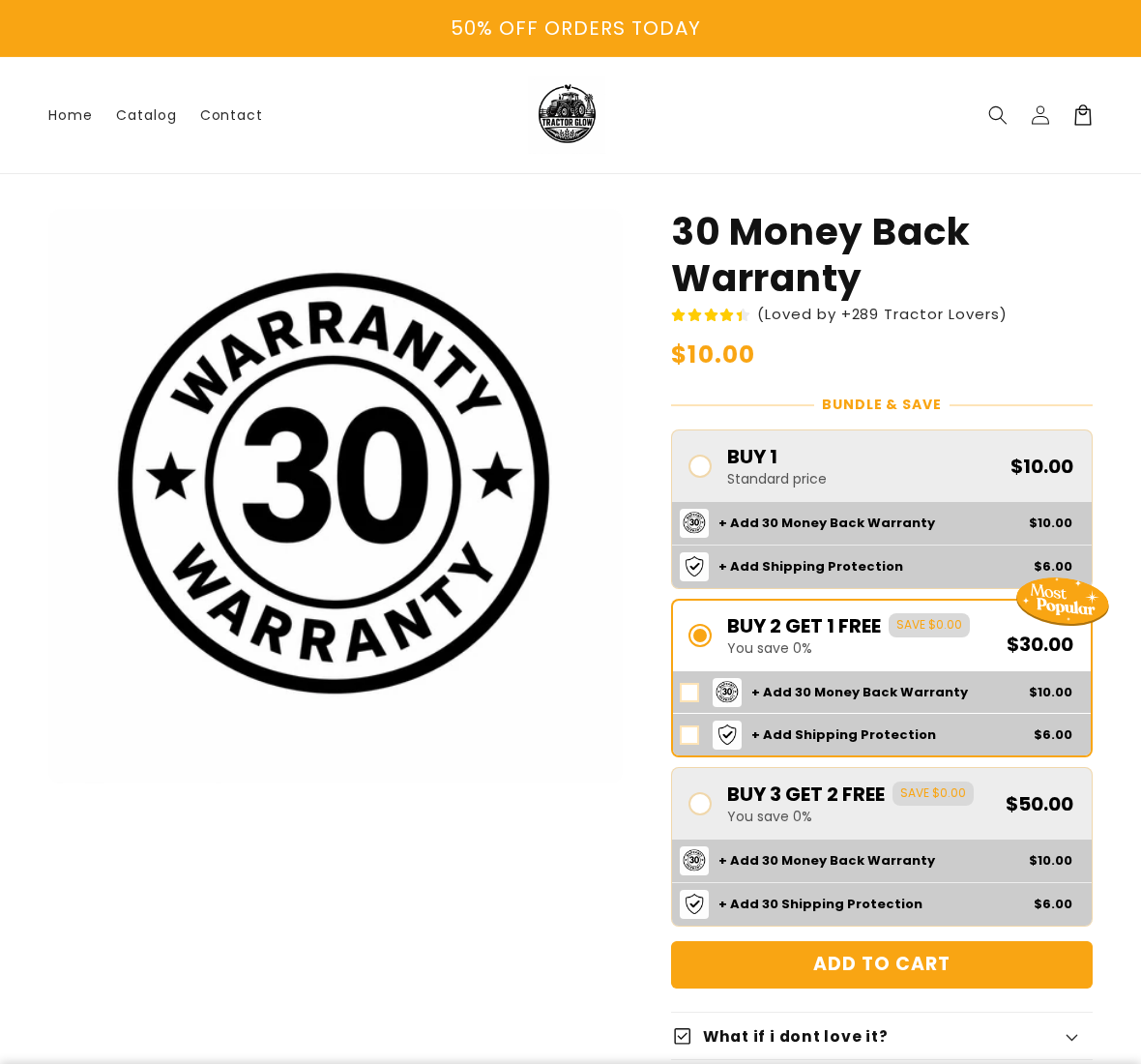TractorGlow standalone 30 money back warranty listing showing a $10 price and reused package selector