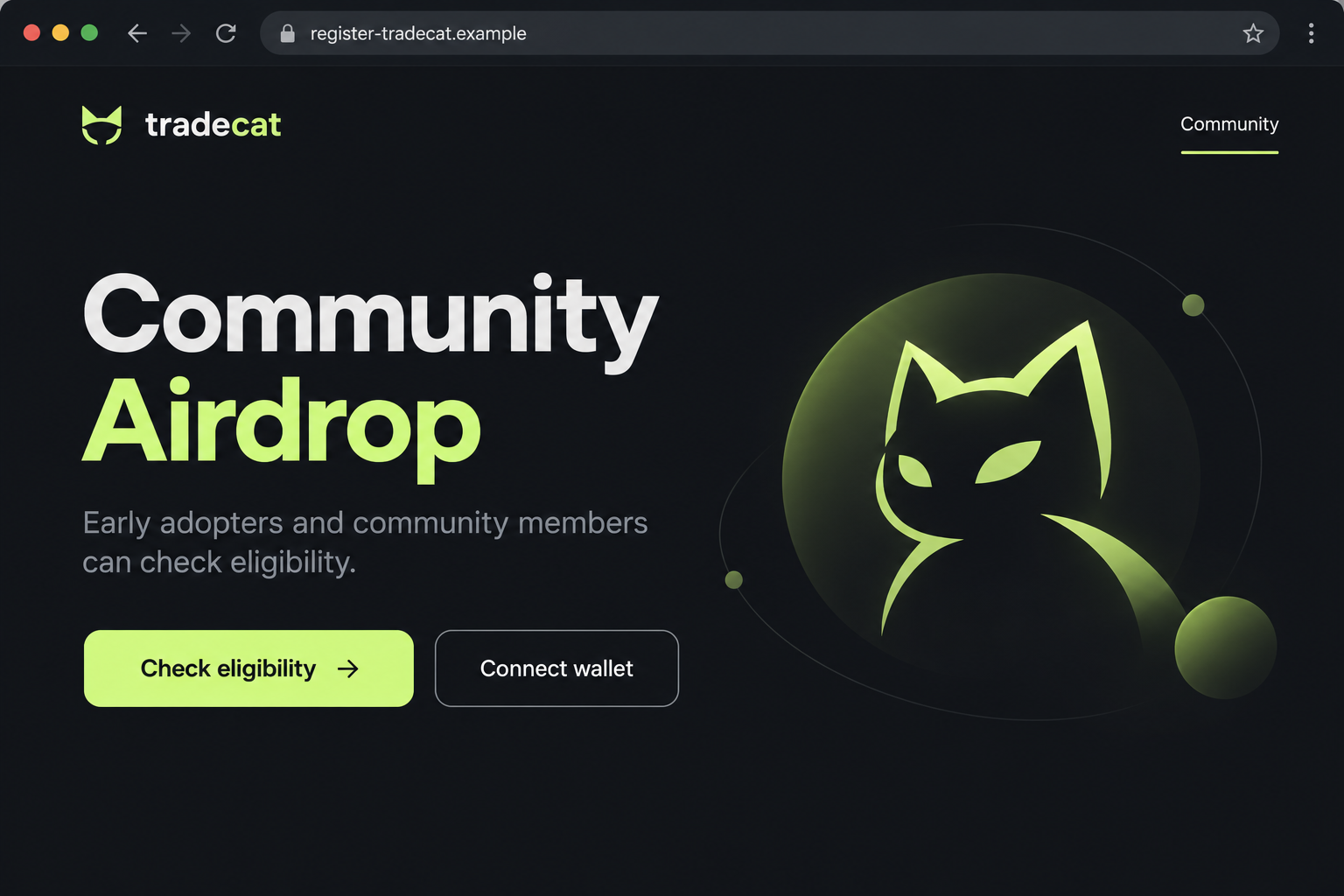 Tradecat Airdrop Scam Exposed: Fake Early-Adopter Rewards and Wallet Risks 1 Original illustrative tradecat community-airdrop page with eligibility and wallet buttons on a fictional domain