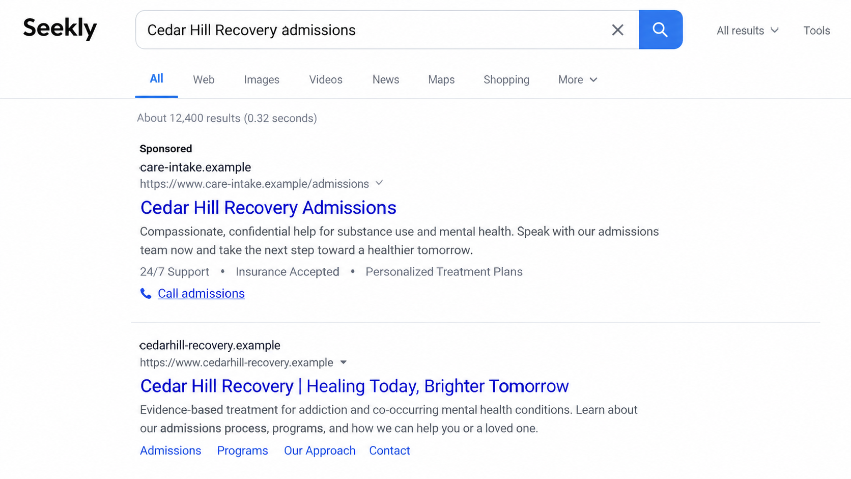 Treatment Center Search Ad Scam: Fake Clinic Calls That Redirect Patients 1 Illustrative sponsored treatment center result with a different fictional domain