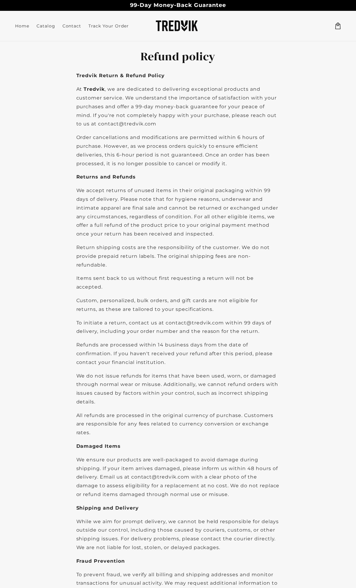 Tredvik Review: The 99-Day Guarantee, Return Costs and Seller Identity 2 Tredvik refund policy showing unused-item conditions, buyer-paid return shipping and a conditional six-hour cancellation window