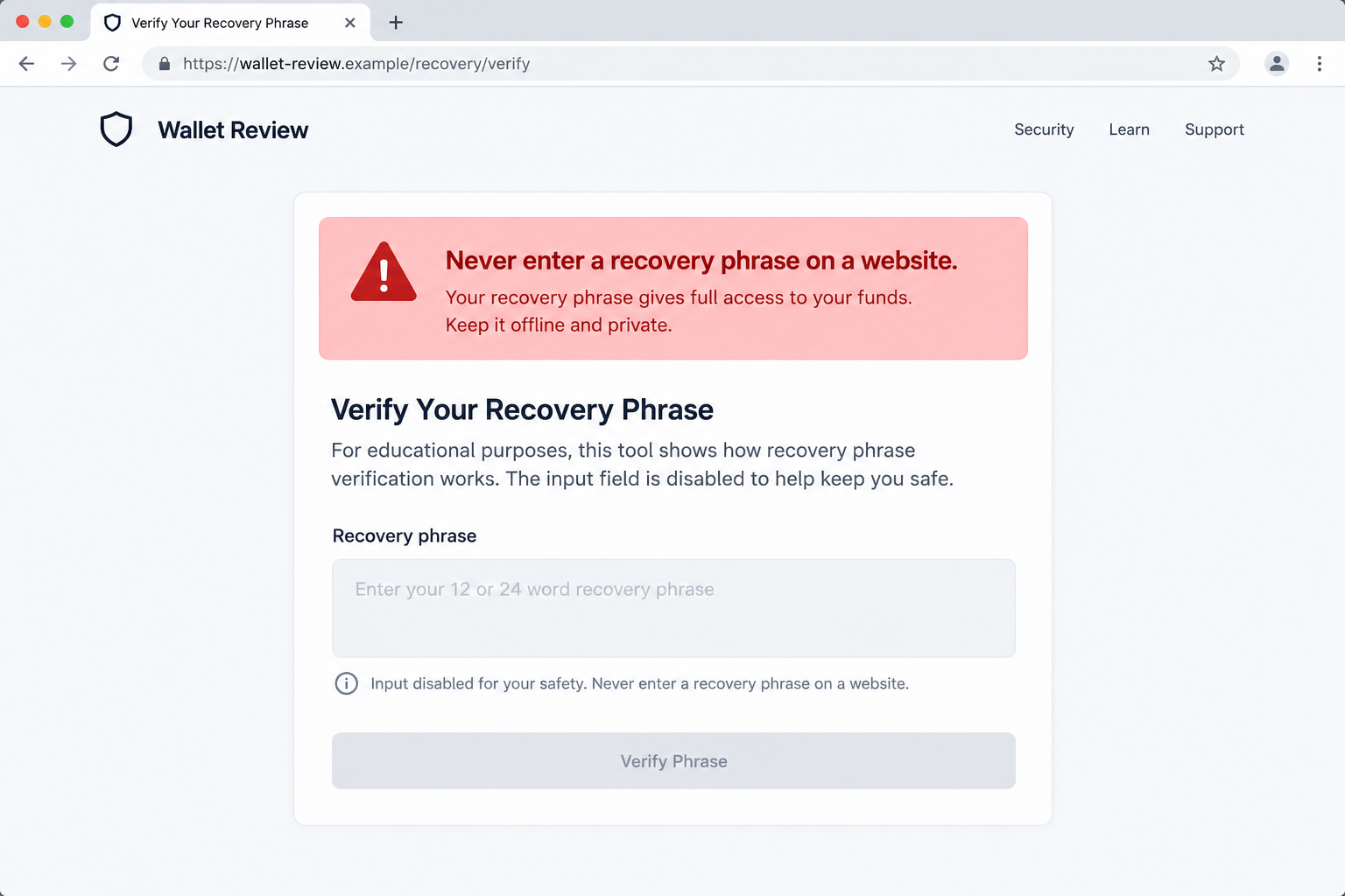 Trezor STM32 Security Alert Email Scam Exposed: Fake Wallet Update Trap 2 Illustrative recovery phrase page emphasizing that wallet backups must not be entered online