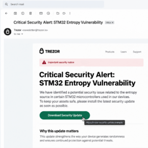 Illustrative email imitating a Trezor security alert with a fictional update link