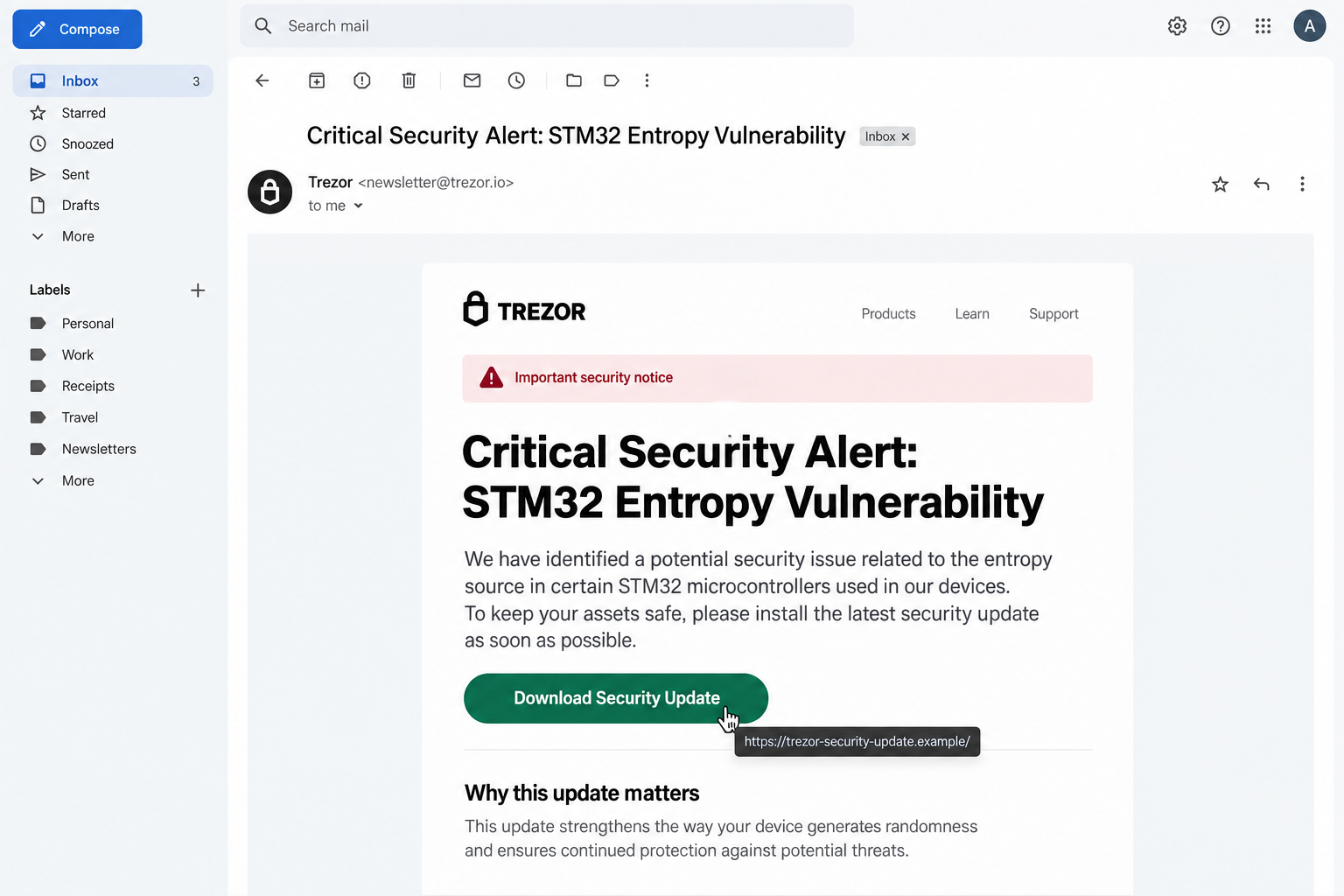 Trezor STM32 Security Alert Email Scam Exposed: Fake Wallet Update Trap 1 Illustrative email imitating a Trezor security alert with a fictional update link