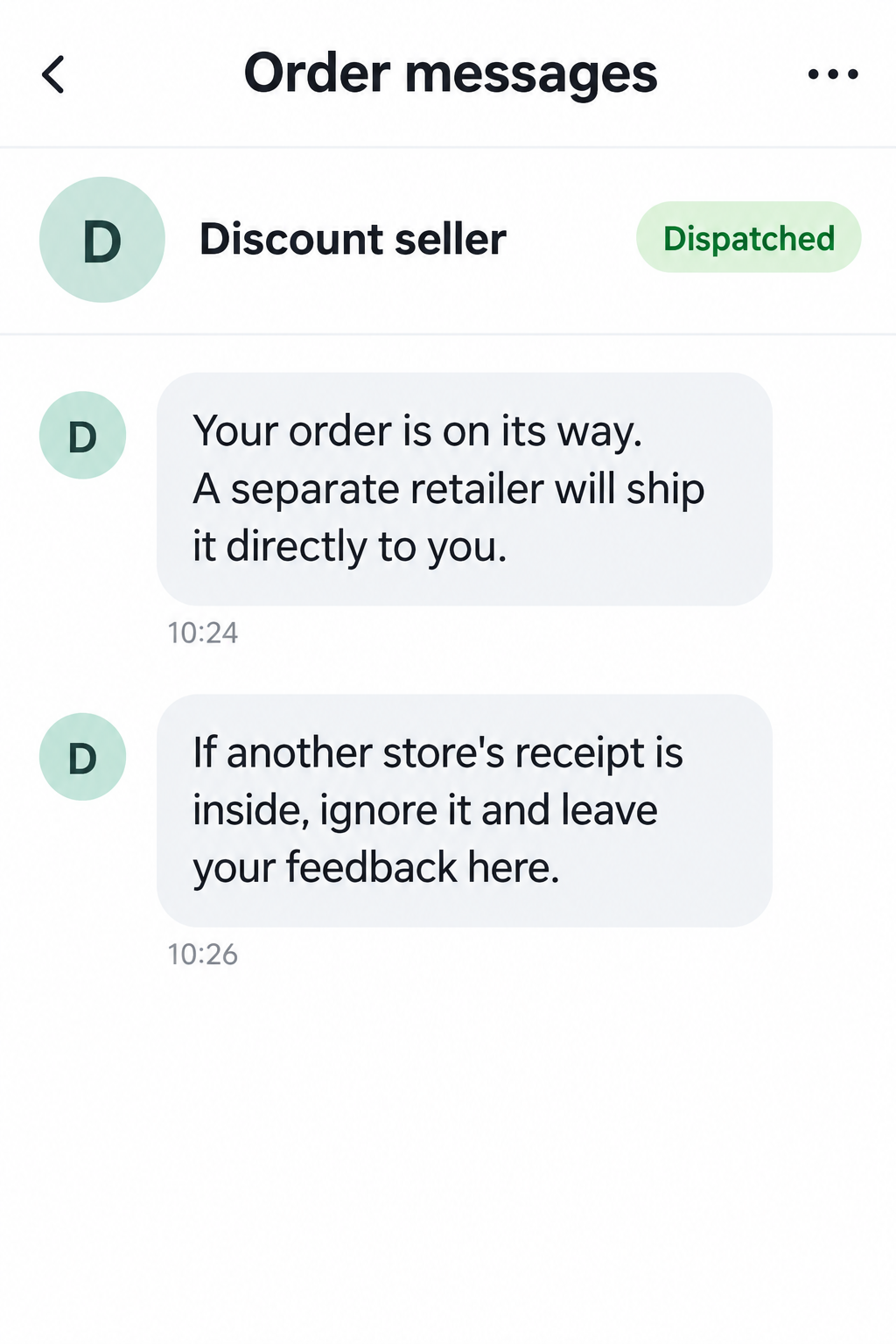 Triangulation Scam: How a Delivered Online Order Can Hide Stolen Card Fraud 1 Illustrative fictional marketplace messages discussing shipment from another retailer and asking the buyer to ignore its receipt