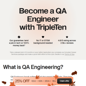 TripleTen quality assurance training page promoting a job guarantee