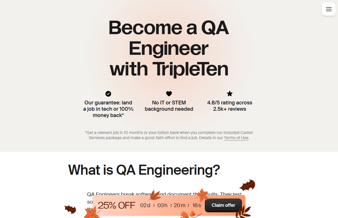 TripleTen Review: Job Guarantee Conditions and the 14-Day Refund Cutoff 1 TripleTen quality assurance training page promoting a job guarantee